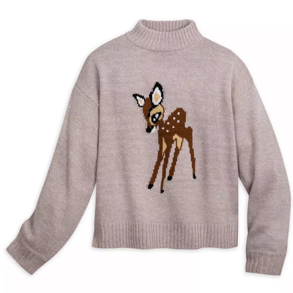 DISNEY PARKS BAMBI KNIT PULLOVER SWEATSHIRT. Laid flat, approx 24” W, 22” T.